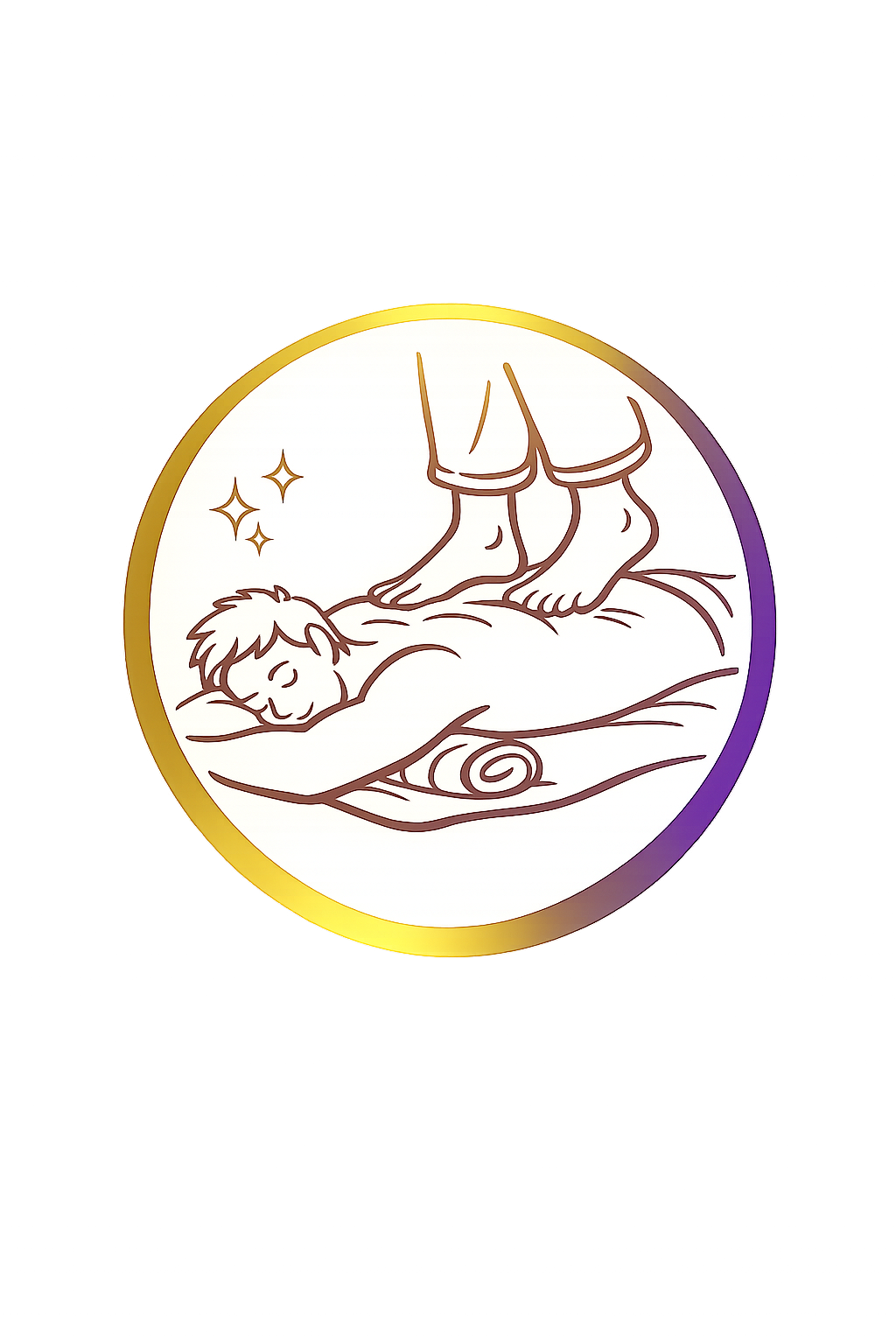 Illustration of a person lying face down on a mat, receiving a foot massage from another person, with three sparkles nearby indicating relaxation, inside a circular frame.