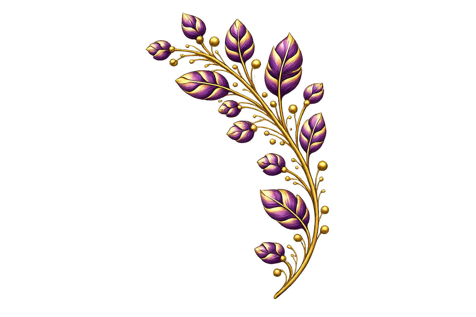 Decorative golden branch with purple and gold leaves and small spherical accents on a black background.