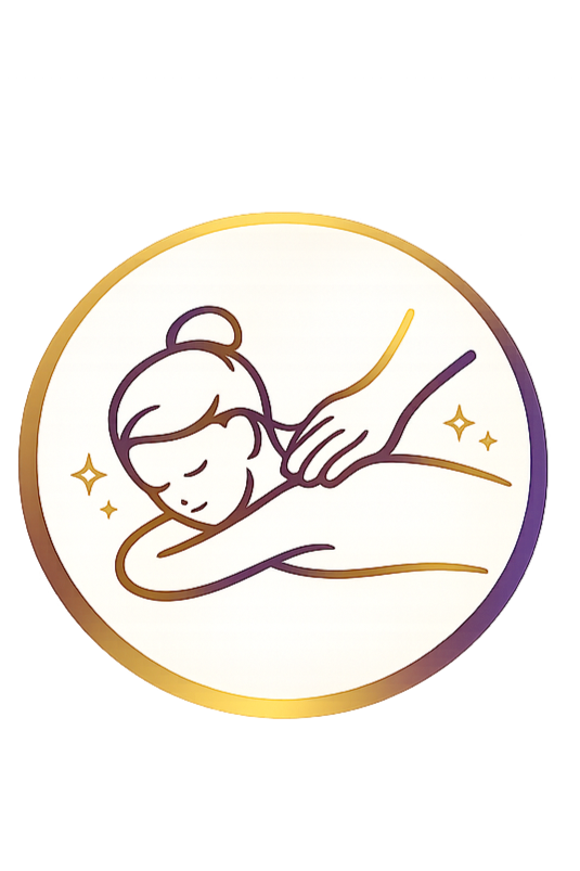 Illustration of a woman receiving a massage on her back, with a calm expression, surrounded by small sparkles, enclosed in a round gold border.