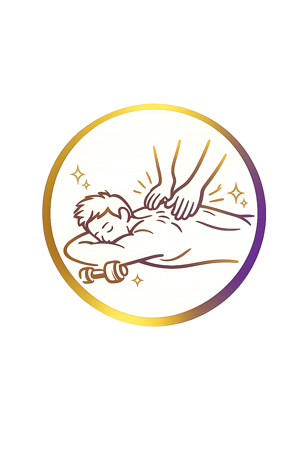 Illustration of a person receiving a back massage with sparkles around, inside a circular frame with a gold border.