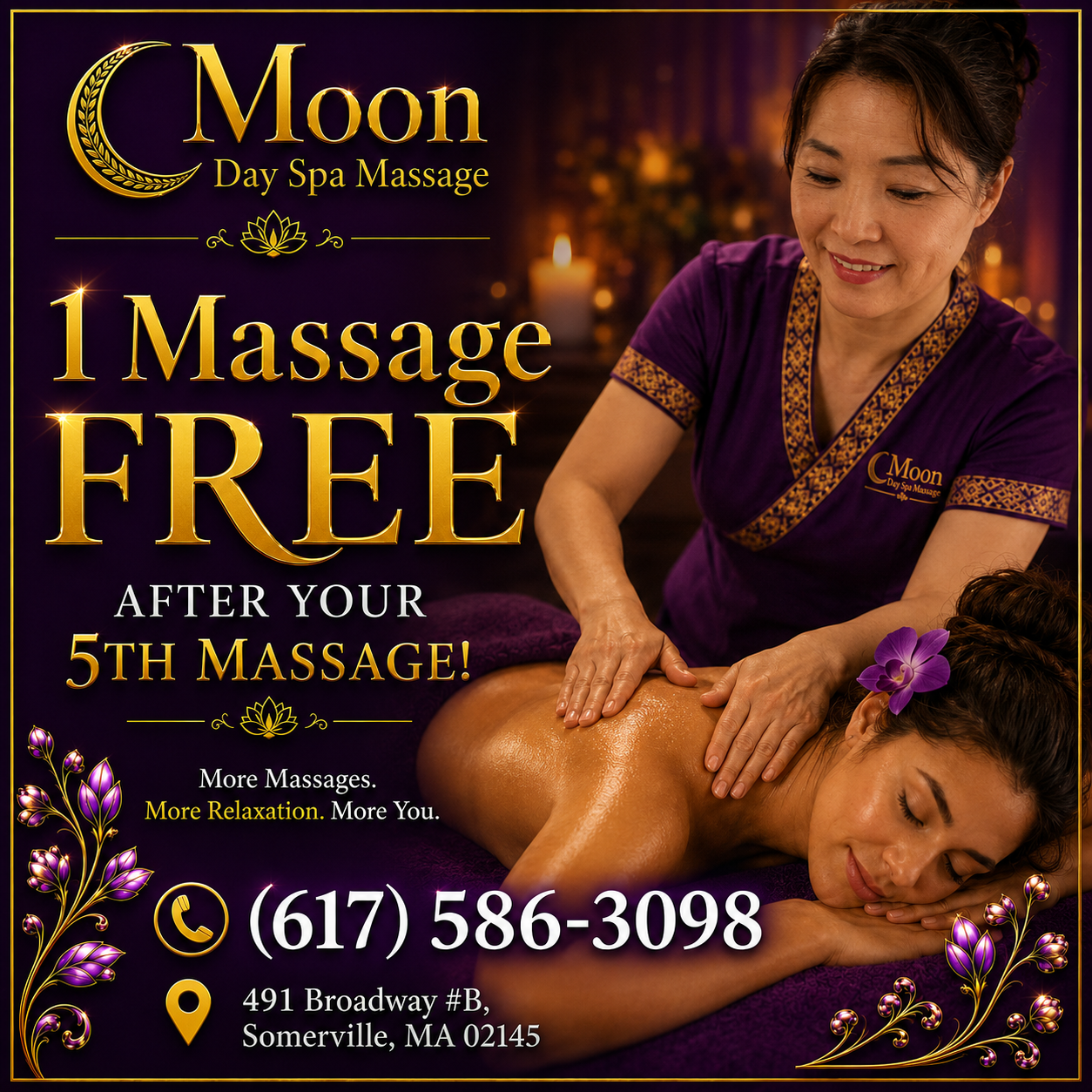 A woman receiving a back massage from a massage therapist in a dimly lit spa setting, with candles and decorative elements in the background, promoting a spa massage offer.