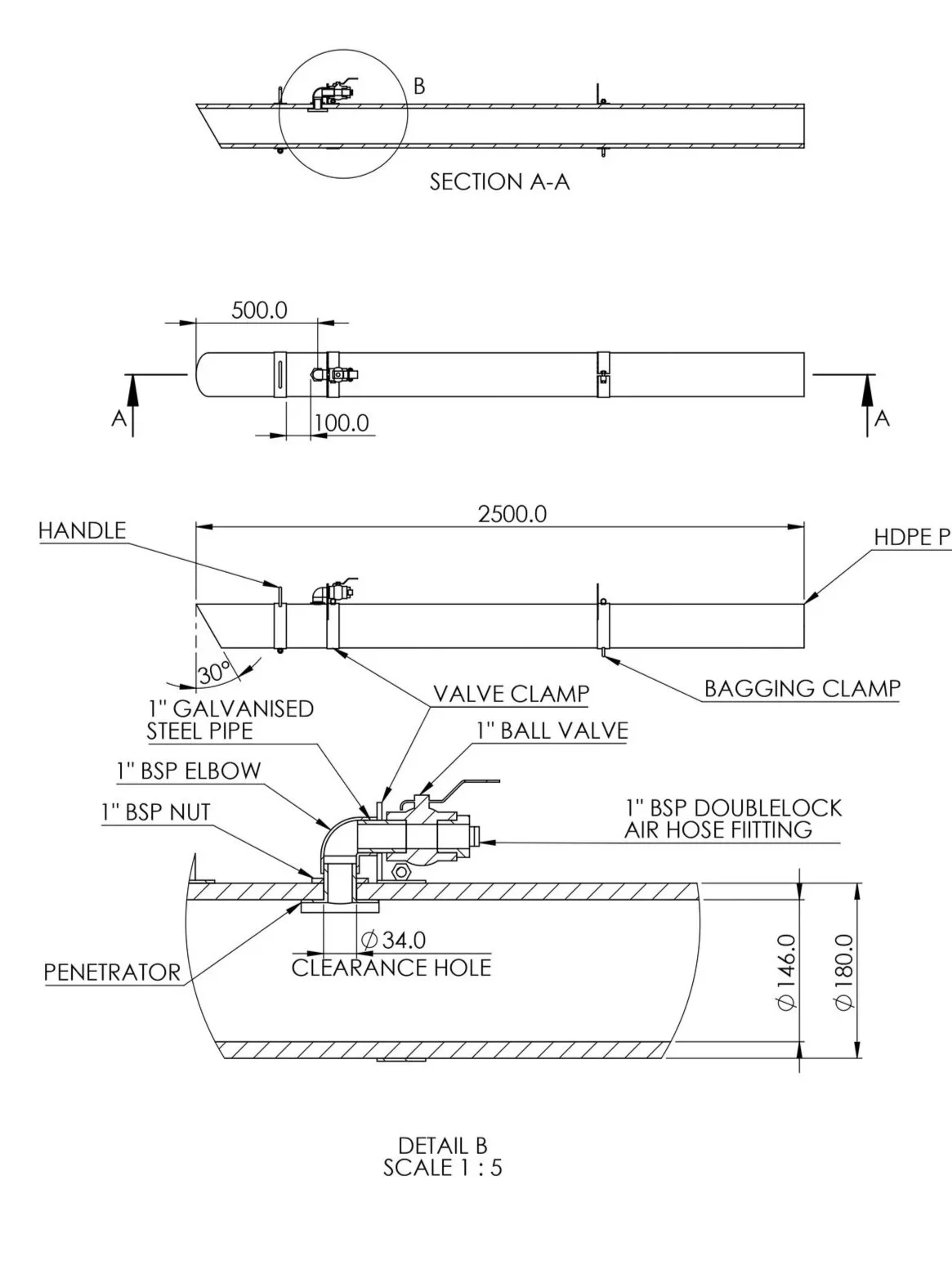 Technical engineering drawing of a pipeline with detailed specifications, including dimensions, valves, clamps, and fittings.