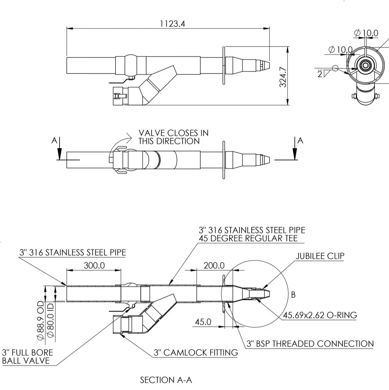 Technical drawing of a stainless steel pipe assembly, including dimensions and components like a full bore ball valve, camlock fitting, Jubilee clip, and threaded connection, with side and end views.