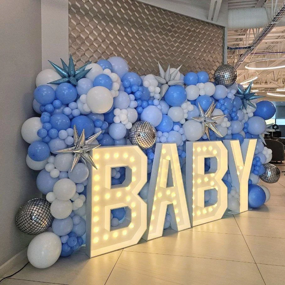 BABY LIGHT UP LED MARQUEE LETTERS WITH BLUE FULL BALLOON WALL