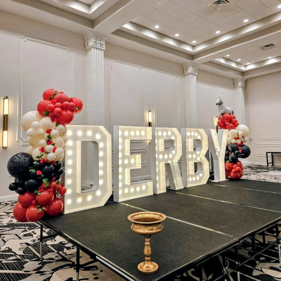 DERBY DECOR LARGE 4 FT TALL MARQUEE LETTERS AND DERBY THEMED BALLOON GARLAND