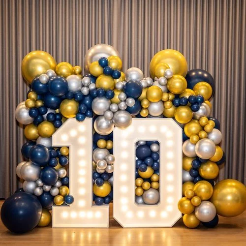 10TH BIRTHDAY OR ANNIVERSARY 4 FT LED NUMBERS WITH GOLD, NAVY AND SILVER BALLOON WALL