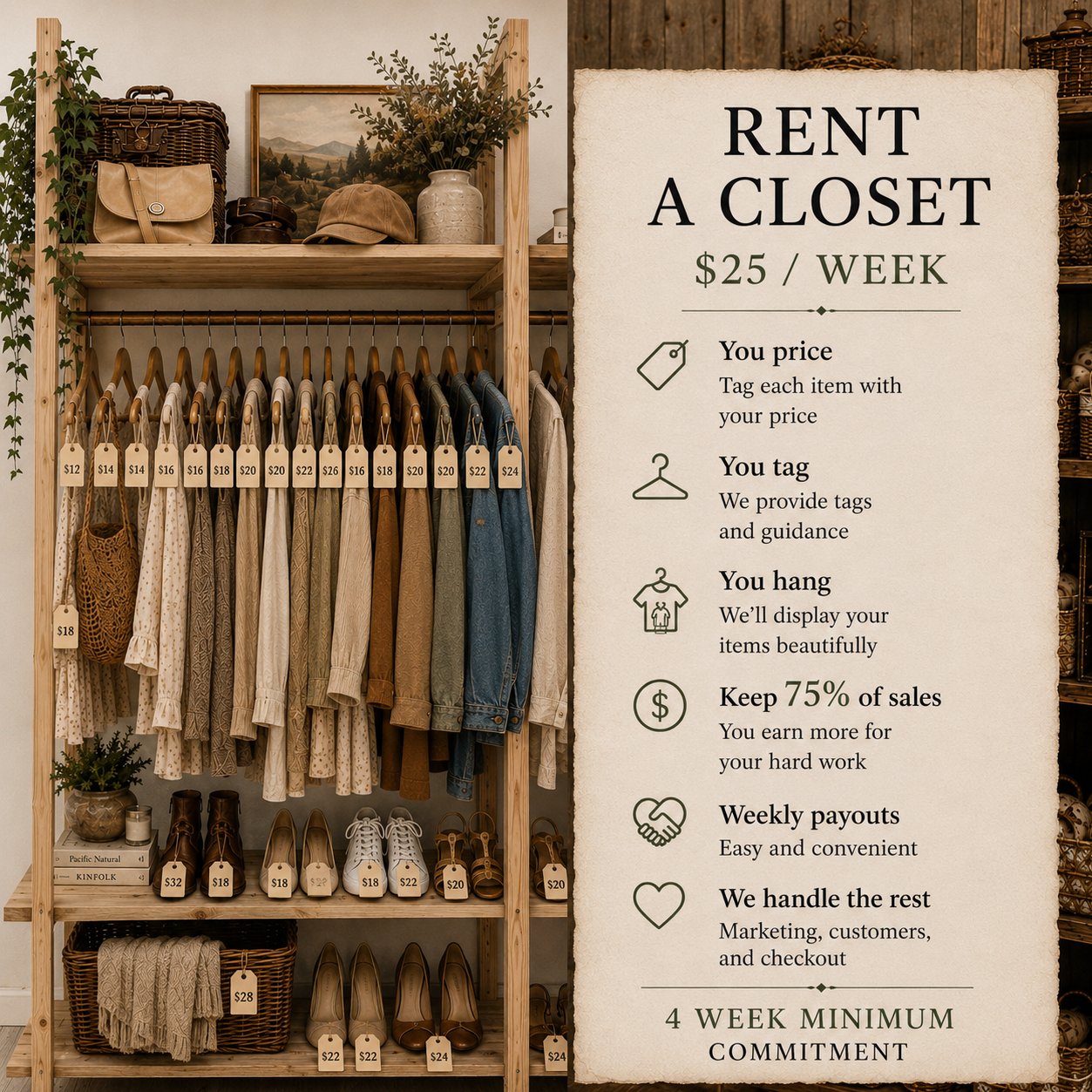 A display of clothing and shoes on wooden shelves next to a sign that advertises closet rental for $25 per week, with details on pricing, tagging, hanging, profits, payouts, and commitment.