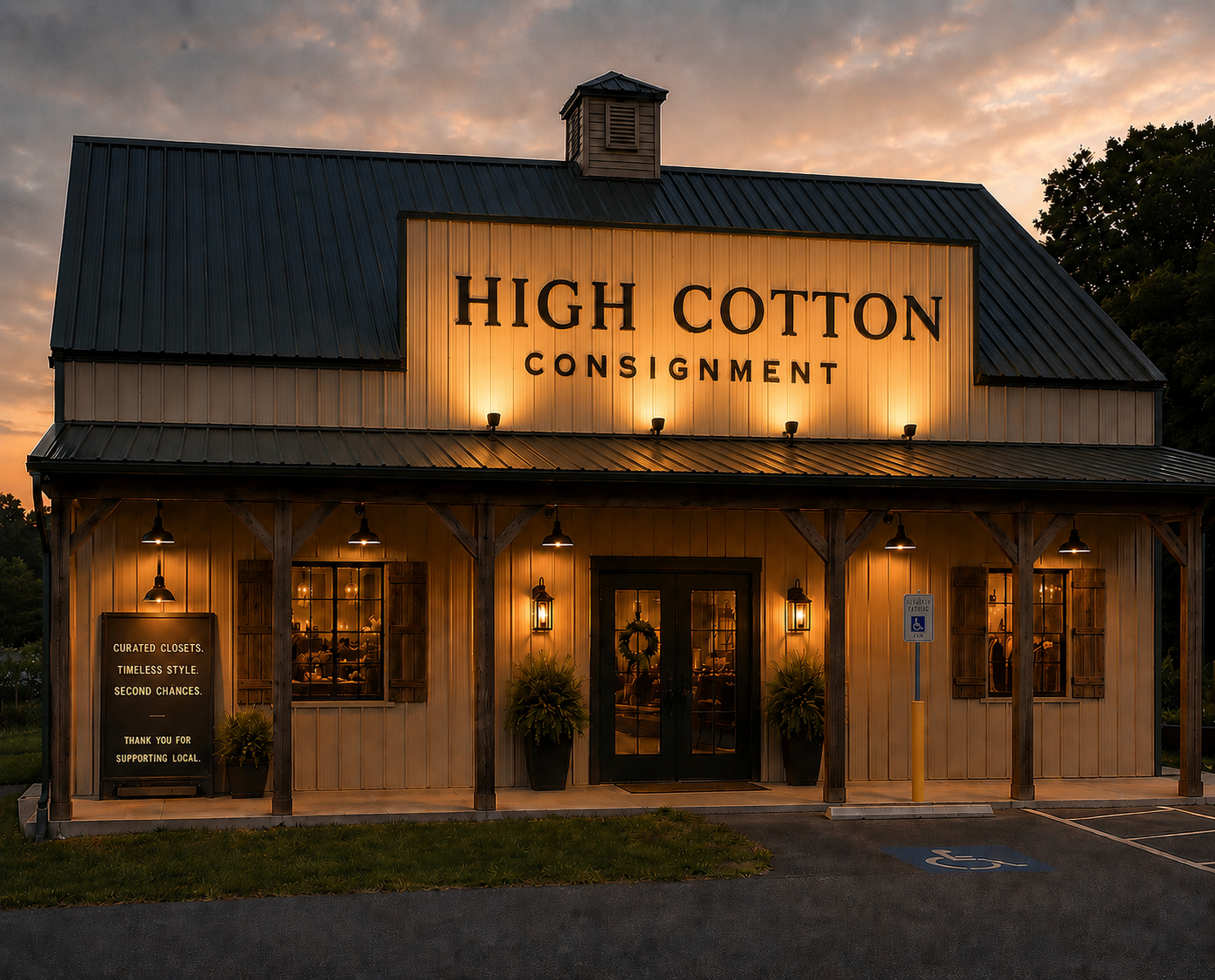 A rustic store called High Cotton Consignment with a lit sign and warm exterior lighting at sunset. The building has a metal roof, wooden siding, and large windows with shutters. There are decorative plants and a sign with the store's message outside.