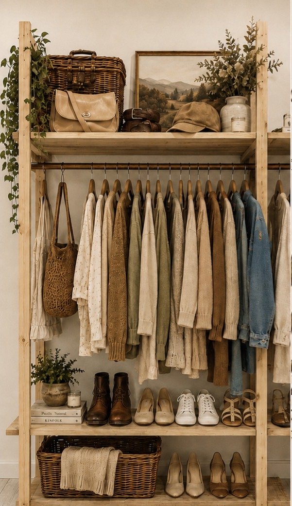 A wooden clothing rack with various beige, white, and blue sweaters and tops, paired with boots, heels, and sandals; top shelf holding bags, hat, framed landscape picture, and vase with greenery.