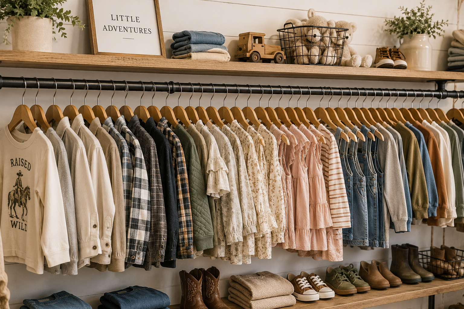 A clothing store display with a row of hanging children's garments including t-shirts, plaid shirts, dresses, and overalls, with shoes and folded clothes on shelves above and below.