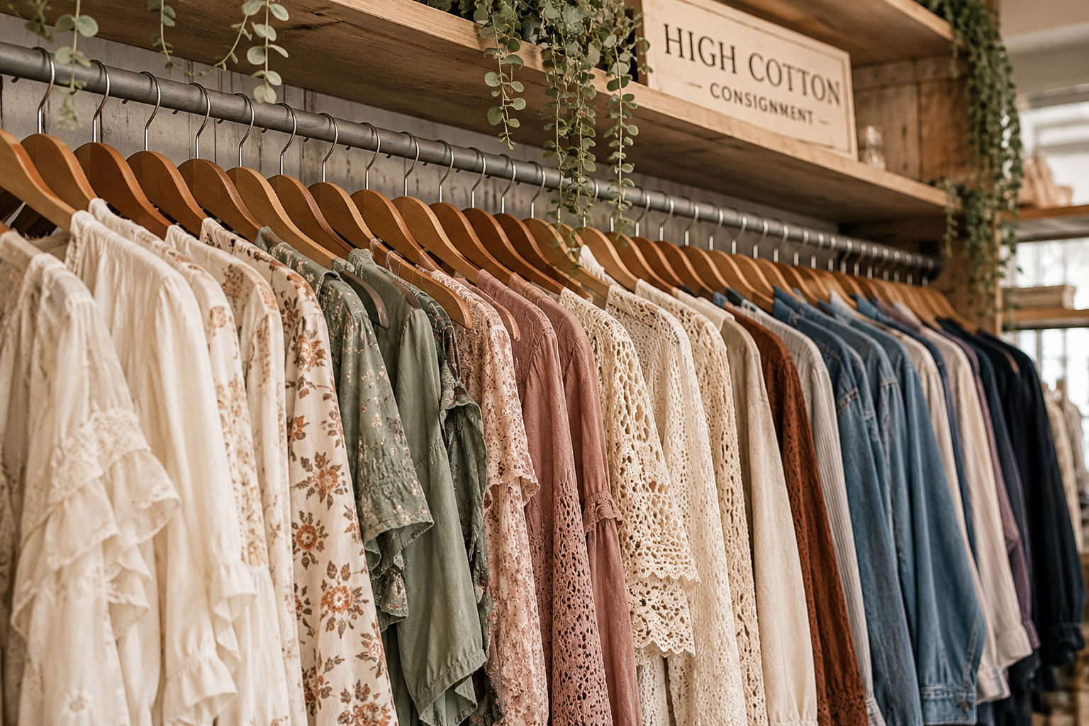 Clothing rack with various woman's tops and dresses in neutral and pastel colors at a fashion store, with a sign that reads 'High Cotton Consignment' above.