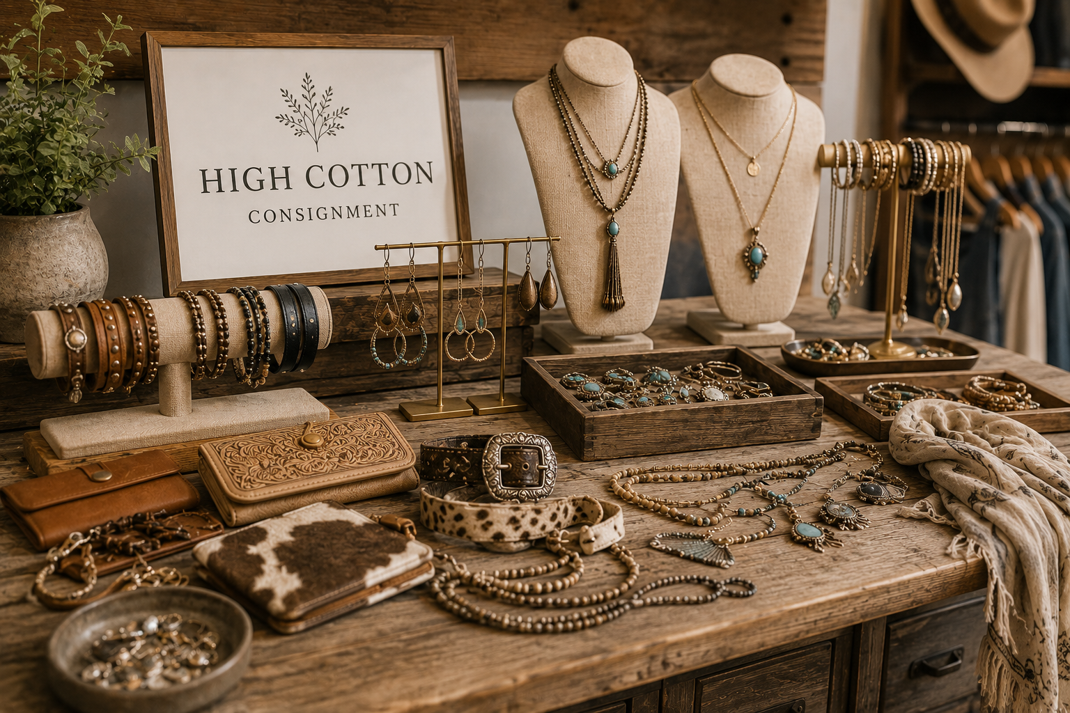 Jewelry display with necklaces, earrings, bracelets, and rings on a wooden table, featuring a sign reading 'High Cotton Consignment'.