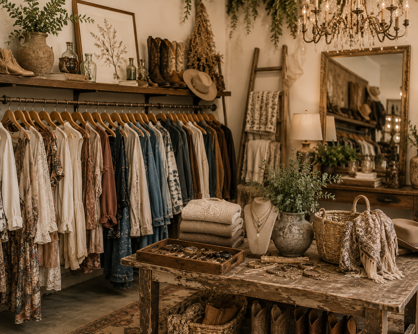 A boutique clothing store with a rustic, vintage decor. It features a rack of dresses and shirts, shelves with glass bottles, shoes, hats, and accessories. A large mirror, lamps, plants, and a chandelier add to the cozy ambiance.