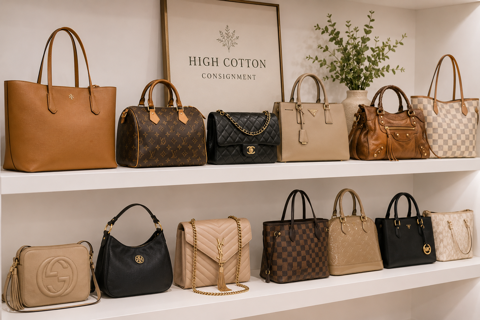 Display of luxury handbags on white shelves with a sign reading 'High Cotton Consignment' in the background, featuring brands like Louis Vuitton, Chanel, Gucci, and Michael Kors.