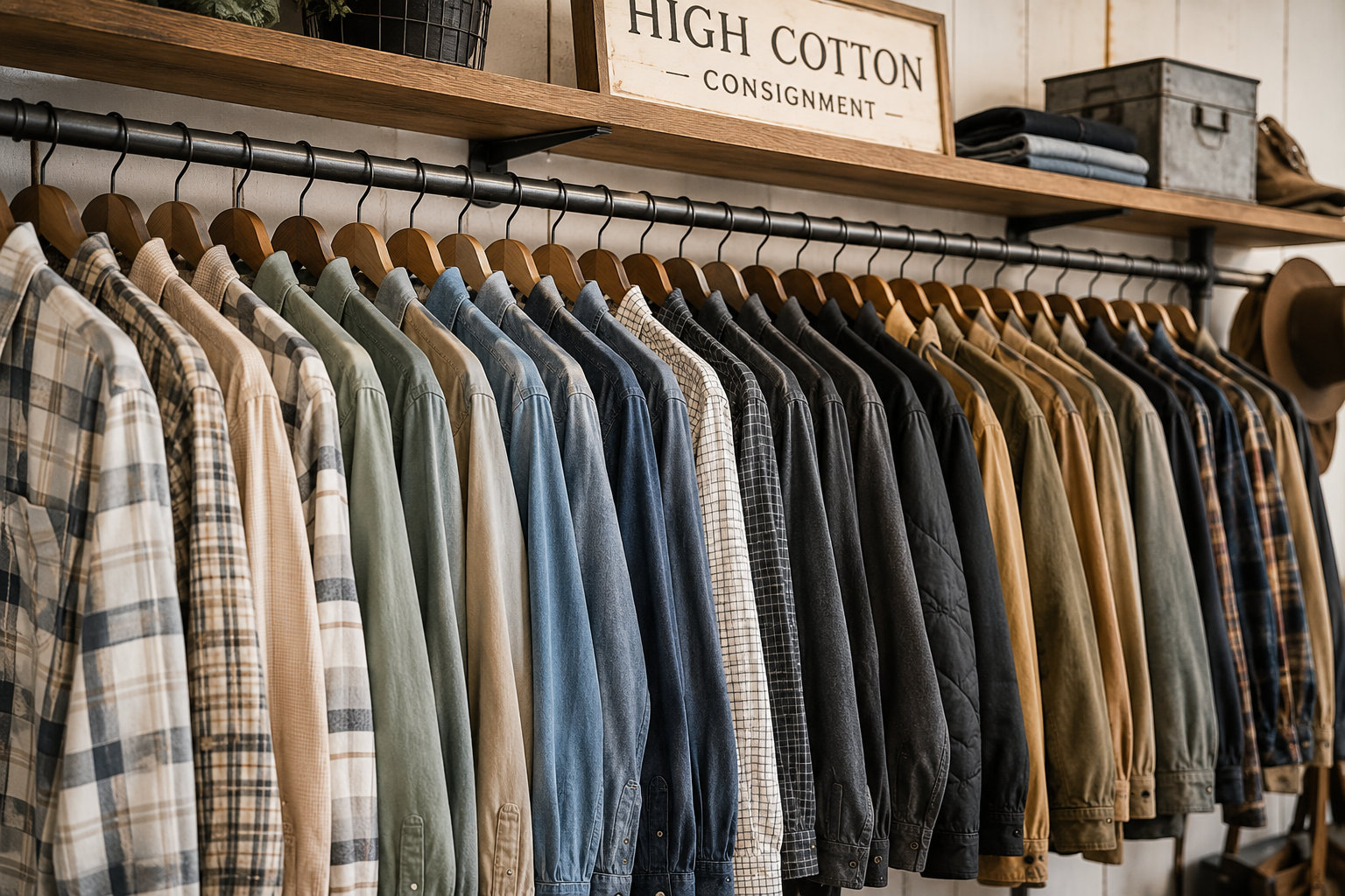A row of plaid, solid, and checkered collared shirts hanging on wooden hangers in a clothing store. Shelves above hold folded clothes, a sign reading 'High Cotton Consignment,' and boxes and hats.
