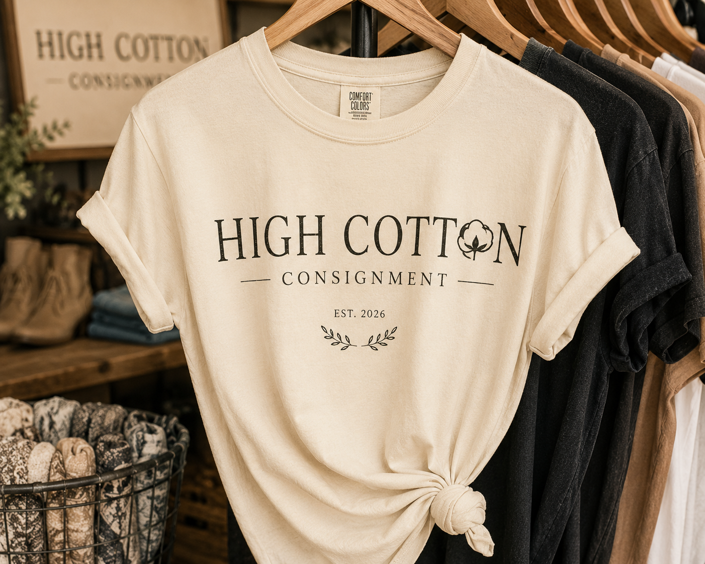 Cream-colored T-shirt with the text "High Cotton Consignment," an illustration of a cotton plant, and the year 2026, hanging on a wooden rack in a store