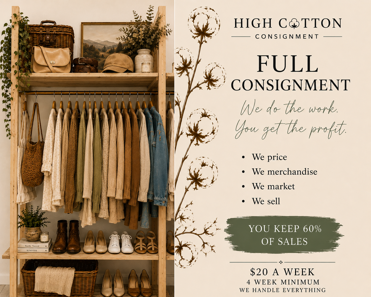 Display of clothing and accessories on a wooden rack with a sign for High Cotton Consignment, advertising full consignment services, pricing, and payment details.