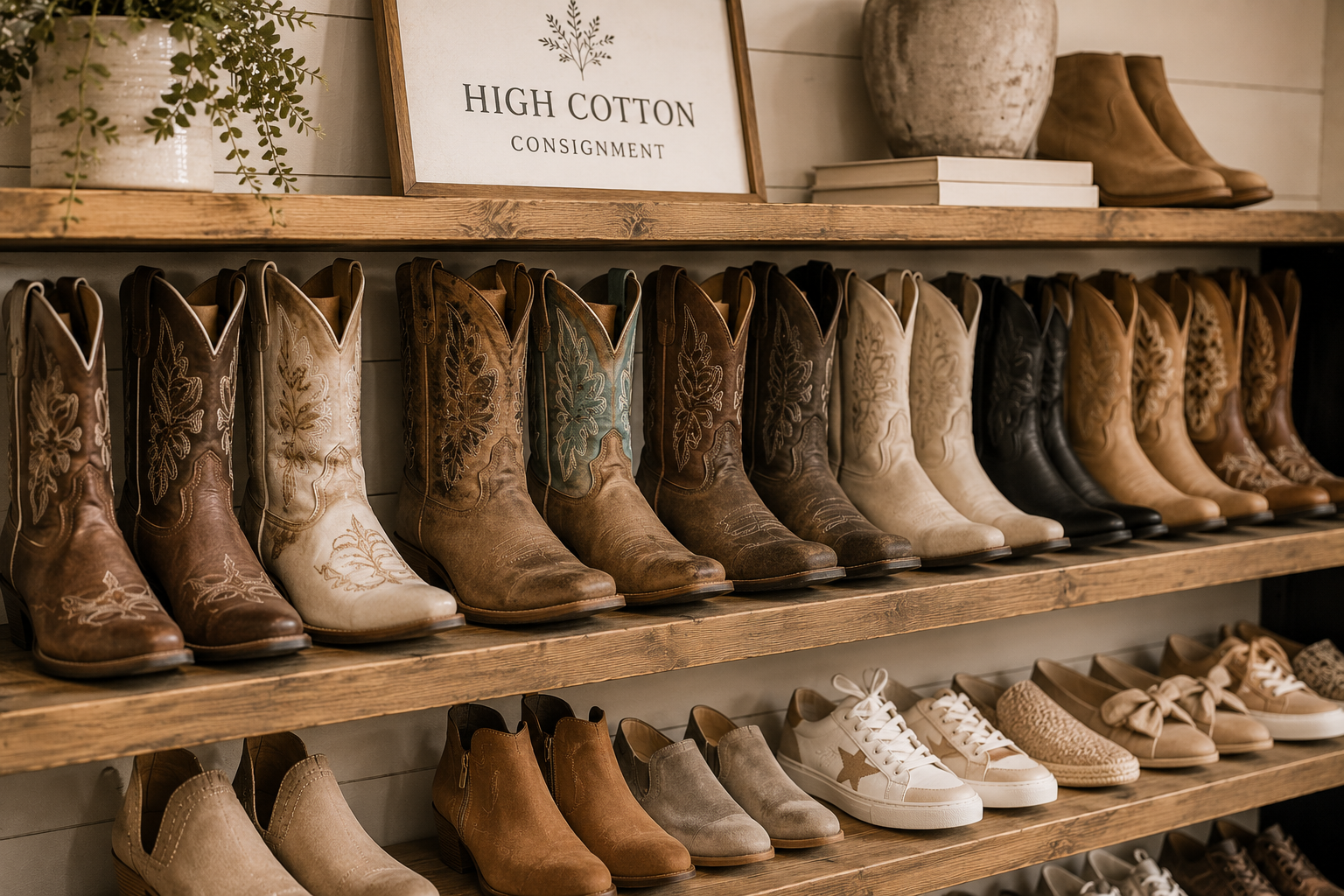 A display of cowboy boots and sneakers on wooden shelves in a store, with a sign that reads 'High Cotton Consignment' and decorative items like a plant, a vase, and a pair of shoes.