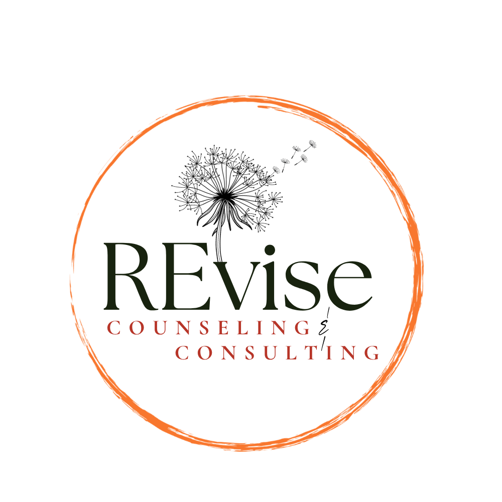 A logo for 'Revise Counseling Consulting' with a black background, a hand-drawn orange circle, and the words 'Revise' in dark green and 'Counseling Consulting' in red.