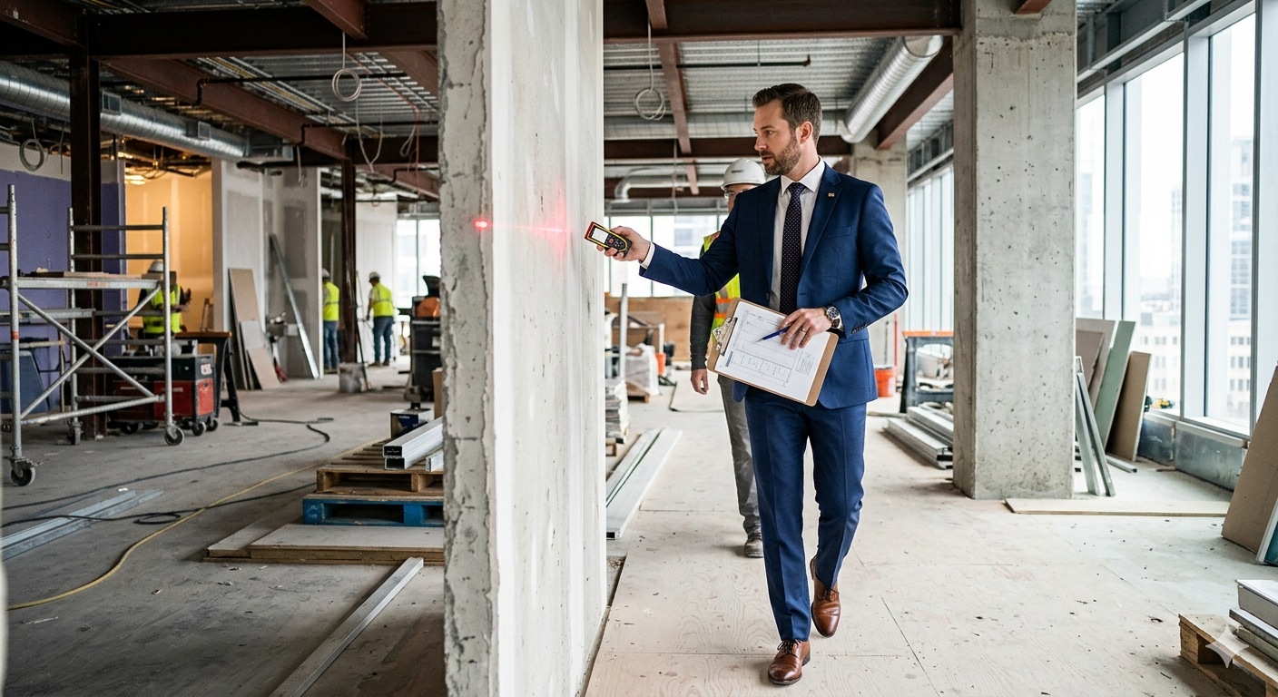 Man in blue suit inspecting construction site with a laser device, holding a clipboard and pen, while construction workers work in the background.