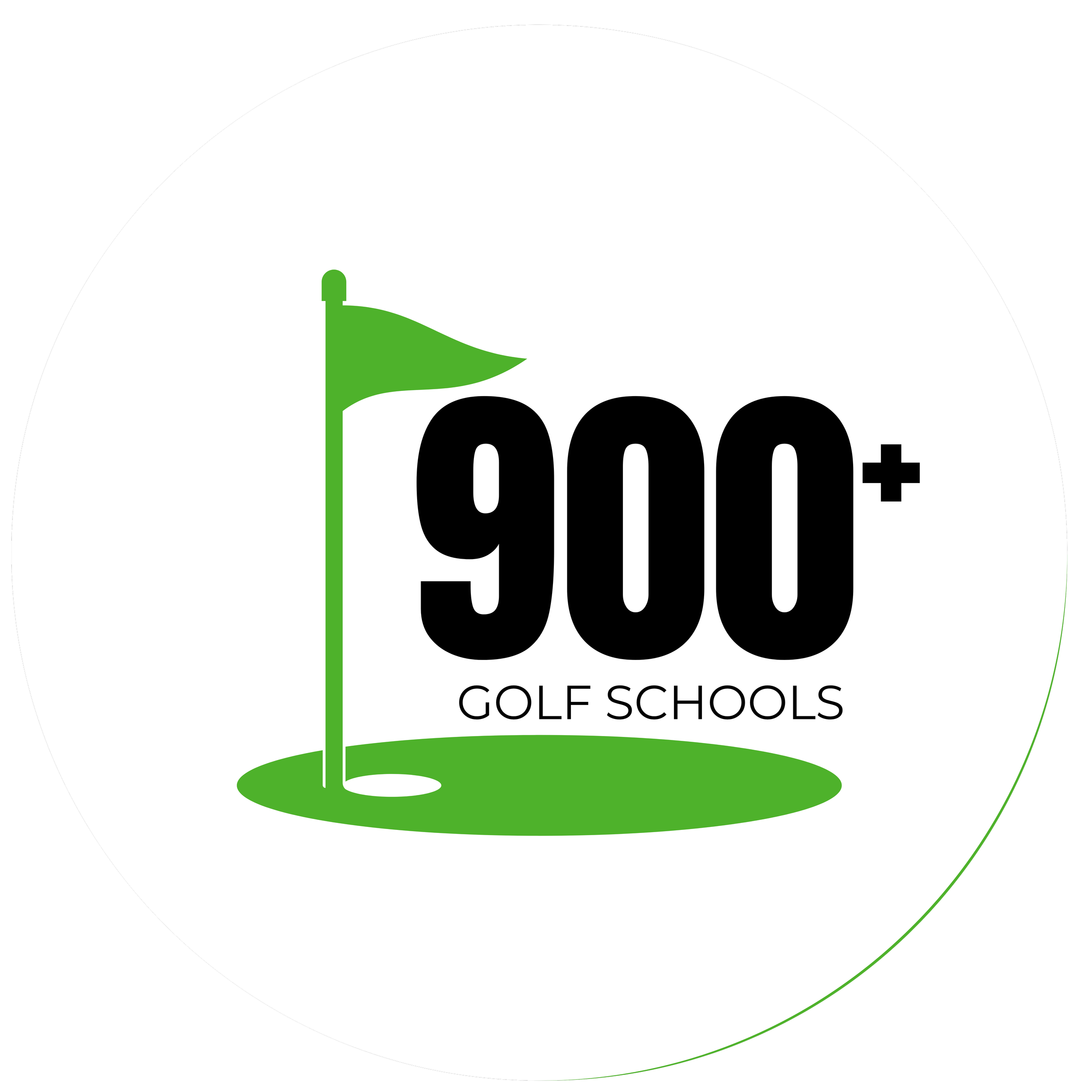 Logo for a golf school called '900+ Golf Schools' featuring a golf ball with a green flag and hole, with black and green text on a white background.