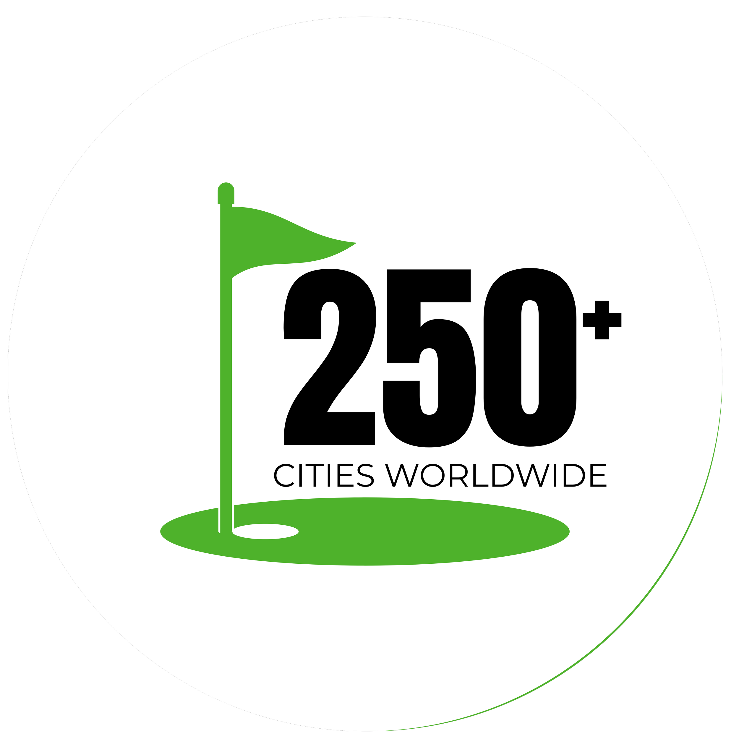 A graphic showing a green golf hole flag on a green with text indicating a 250+ cities worldwide.