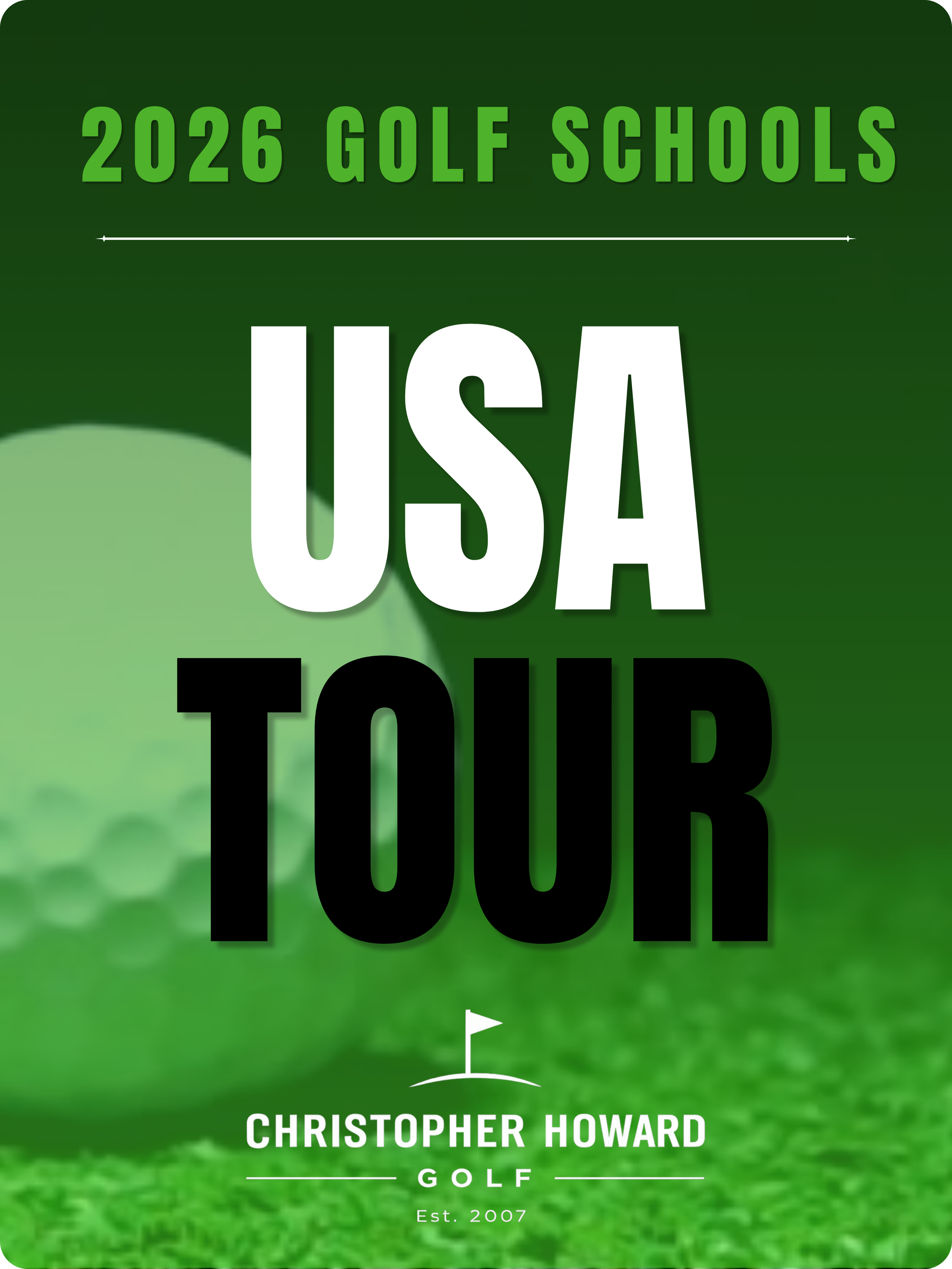 Book cover titled '2026 Golf Schools USA Tour' by Christopher Howard, featuring a green golf course background with the text arranged prominently.