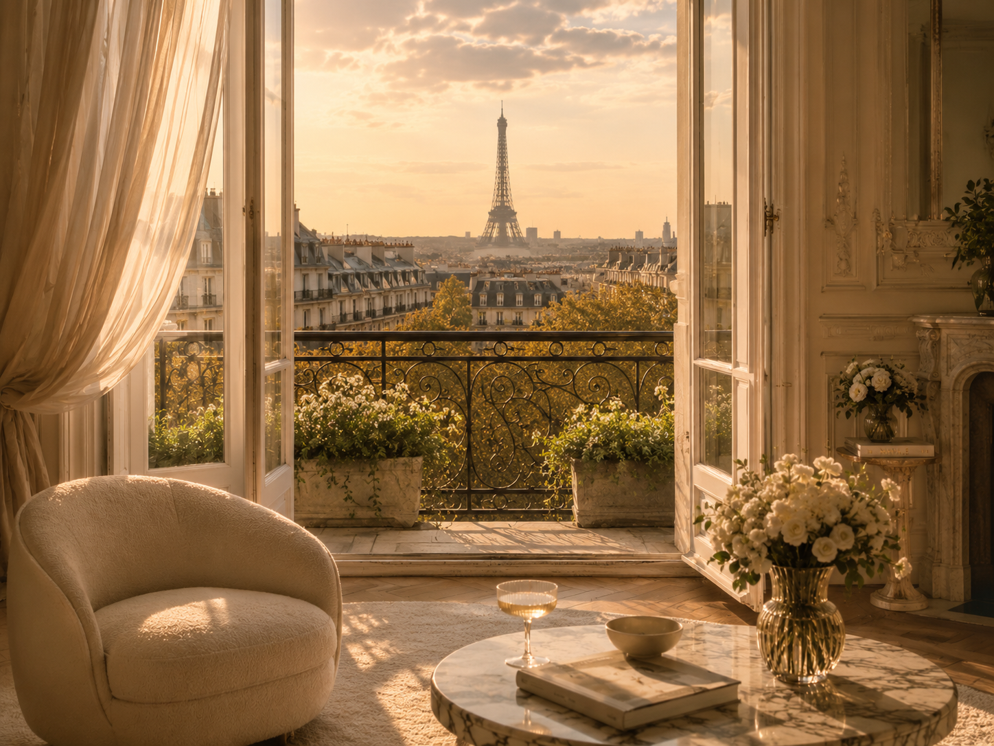 Innenraum mit Blick auf den Eiffelturm bei Sonnenuntergang, offener Balkon, Blumen, Möbel im eleganten Stil.