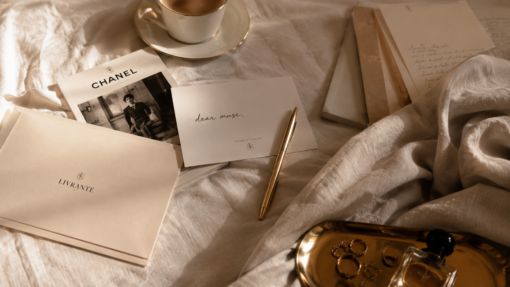 Ein Tisch mit Briefpapier, einer Goldkugel, einem goldenen Stift, einer Tasse Kaffee, einem Buch, Schmuck und anderen Unterlagen auf einem weißen Tischtuch.