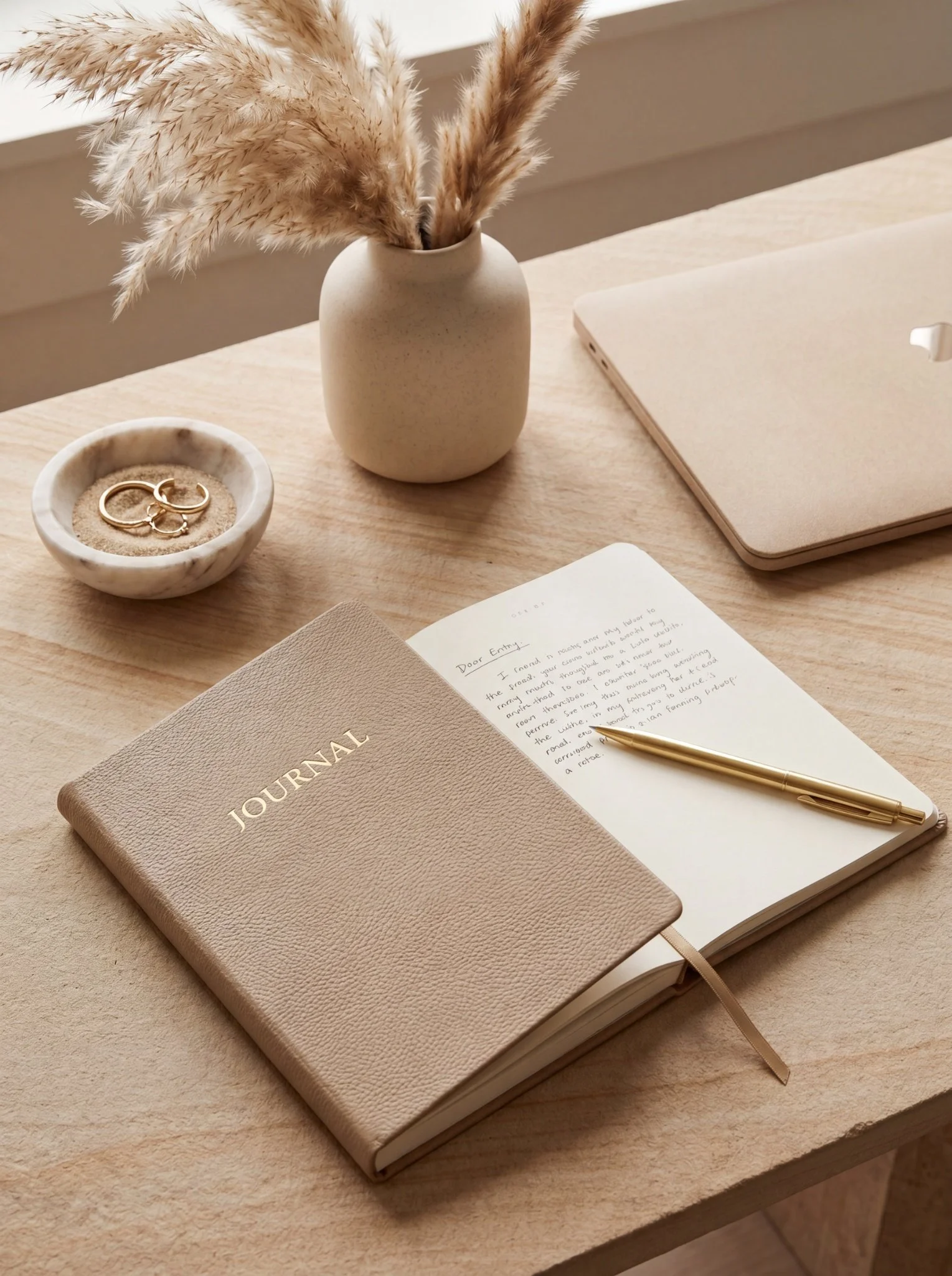Ein Tisch mit einem beigefarbenen Journal, einem offenen Notizbuch mit geschriebenem Text, einem goldenen Kugelschreiber, einem beigefarbenen Laptop, einer weißen Vase mit getrockneten Pampasgras und einem kleinen weißen Schale mit Goldringen.