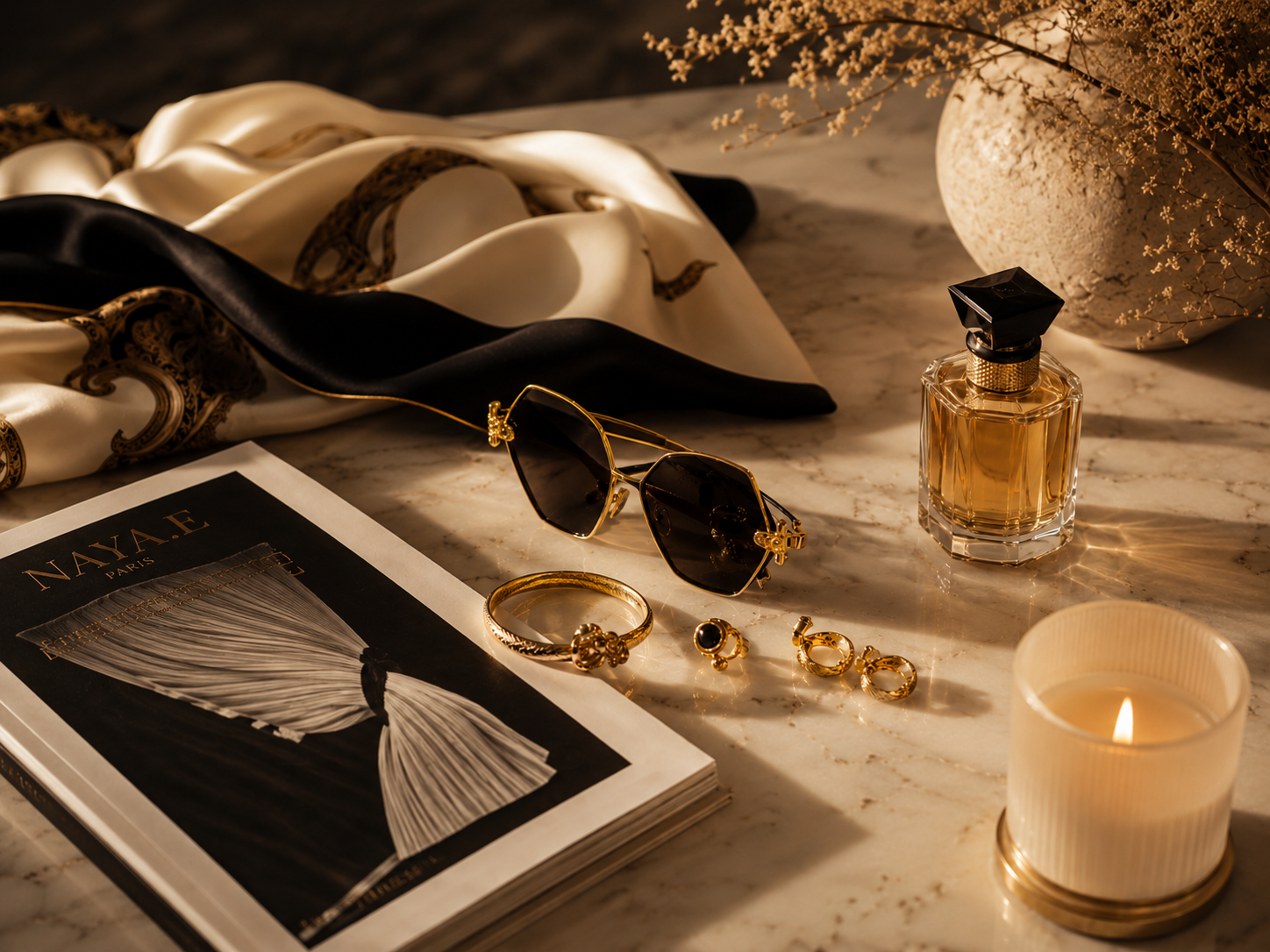 Schmuck, Sonnenbrille, Parfüm, Kerze und Zeitschrift auf einem Marmor tisch in warmem Licht