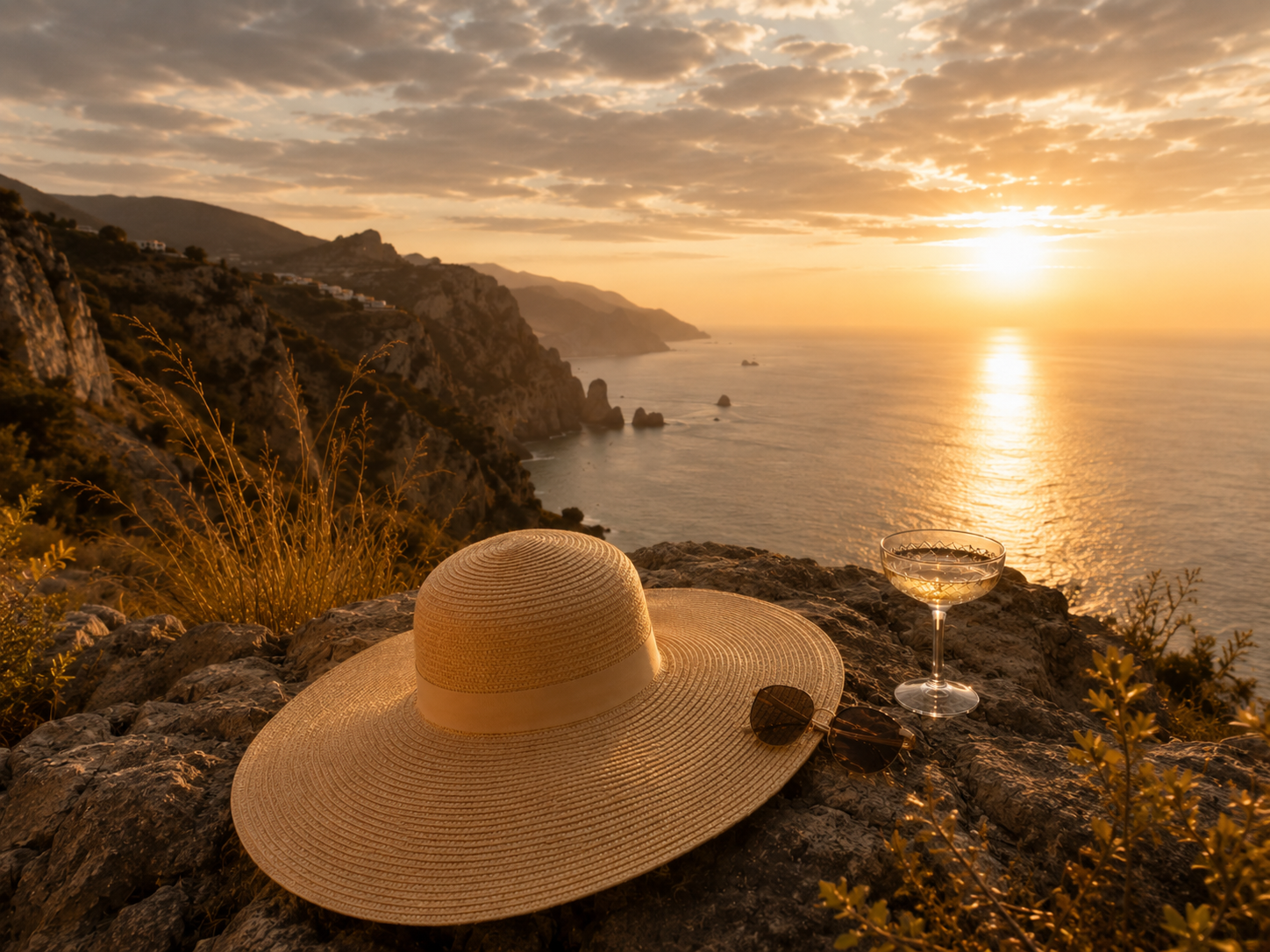 Sonnenuntergang über dem Meer mit Felsen an der Küste. Auf einem Felsen liegen ein Sonnenhut, eine Sonnenbrille und ein Weinglas mit Wein.