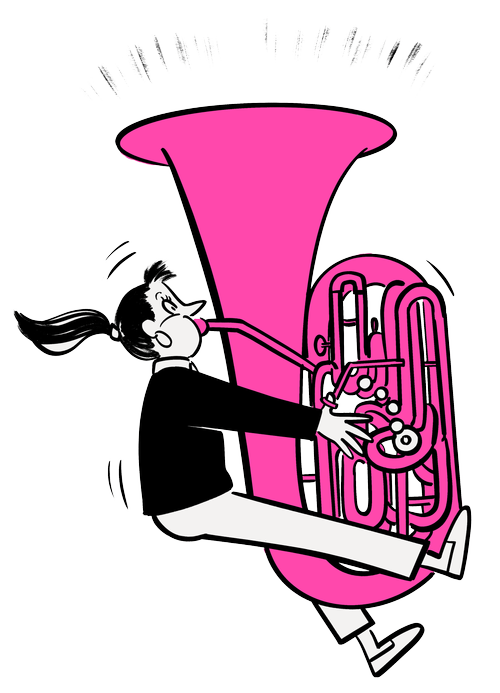 A tuba player mid-performance, playing with gusto.