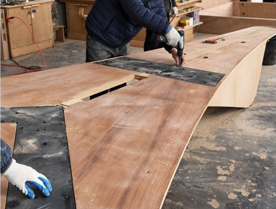 Steel connection plates integrated with wood components