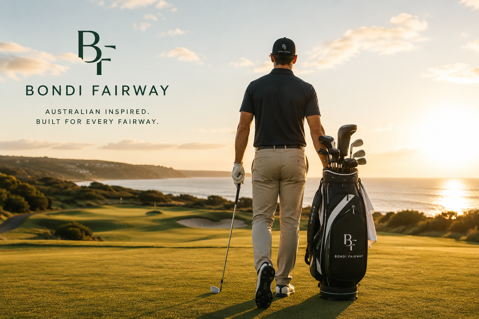 A man holding a golf club on a golf course at sunset with a golf bag next to him, overlooking the ocean. The image promotes Bondi Fairway, an Australian-inspired golf course.