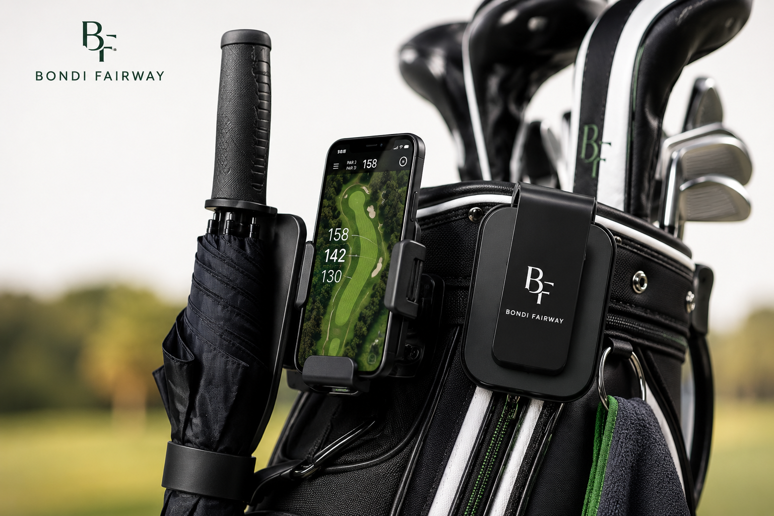 Golf club bag with a golf tee, golf clubs, a smartphone displaying a golf course map, and a GPS device, branded with Bondi Fairway logo, set outdoors on a golf course.