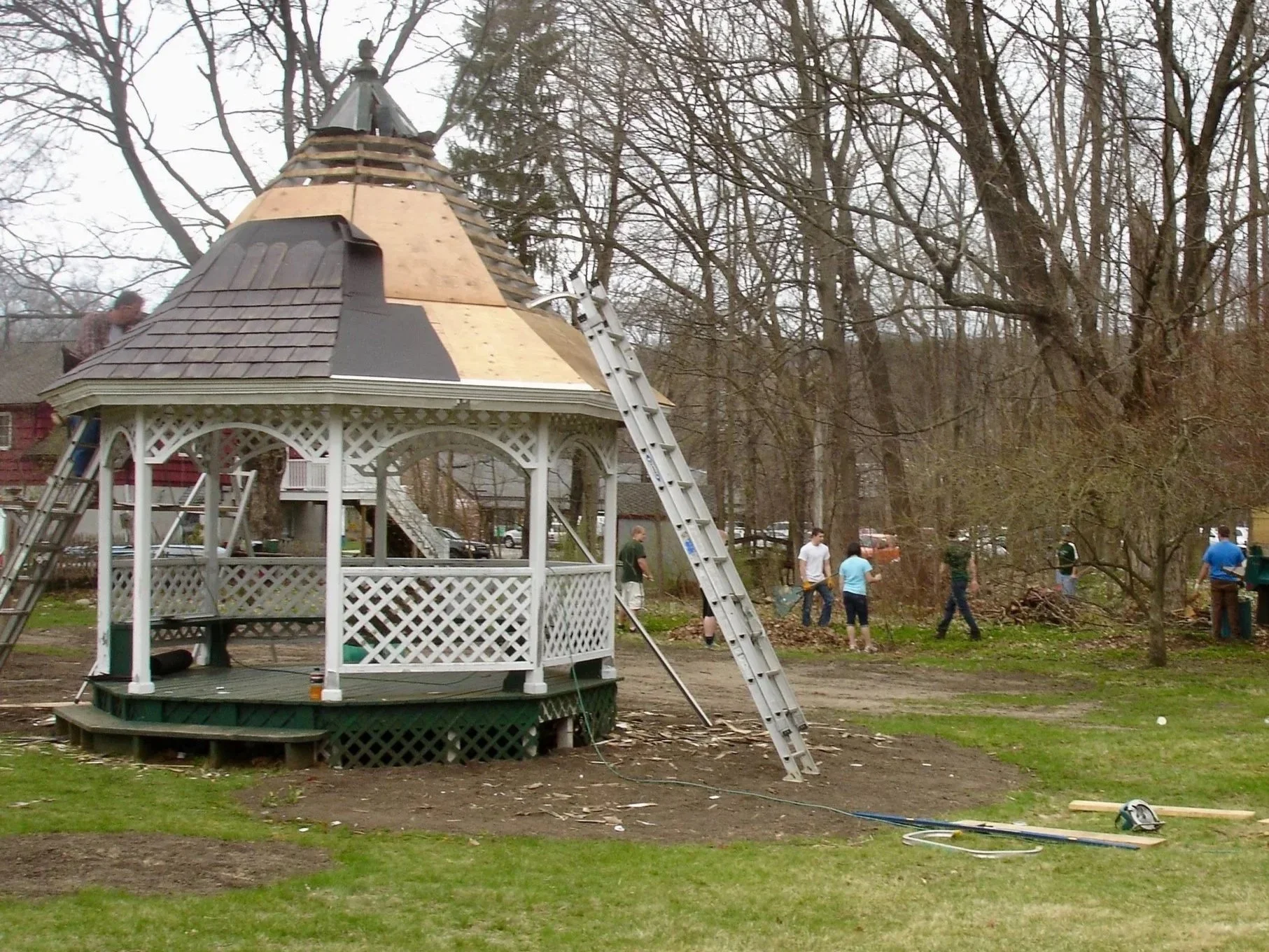 April 18, 2026 - LeClair Construction donating time, materials, and their passion to restore the Gazebo roof.