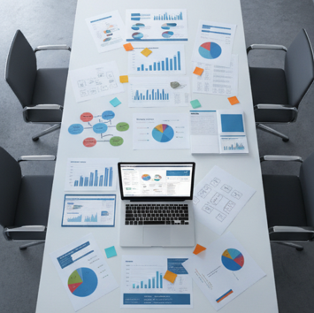 A conference table with various business reports, charts, and a laptop displaying graphs, surrounded by five chairs.