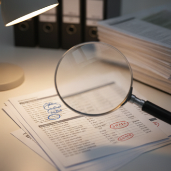 Close-up of a magnifying glass over a document with a red 'Guilty' stamp, on a desk with files and papers.