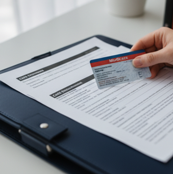 Hand holding a credit card over a document on a clipboard.