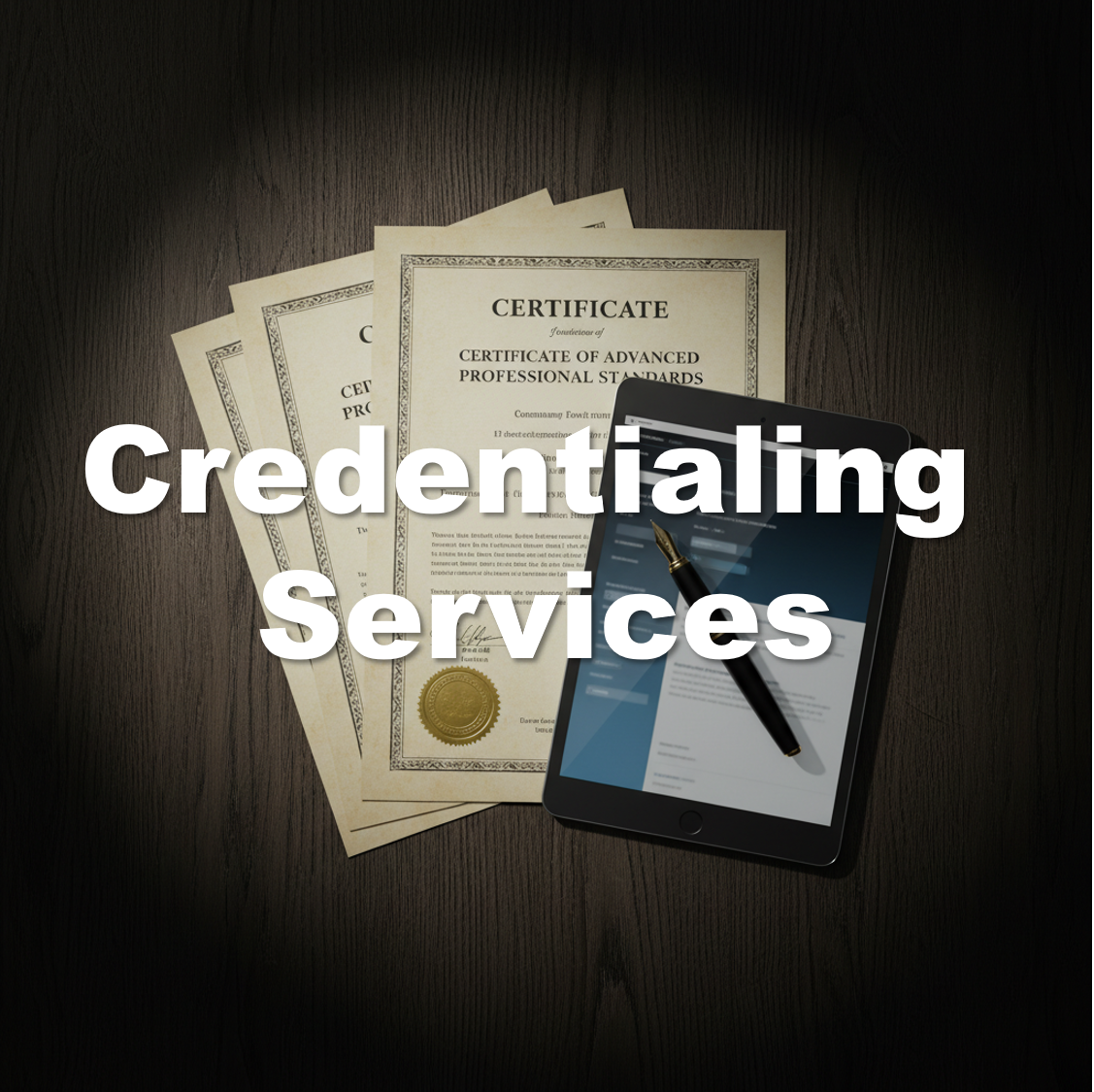 Certificates and a tablet with a pen on a wooden surface, with the overlay text "Credentialing Services".