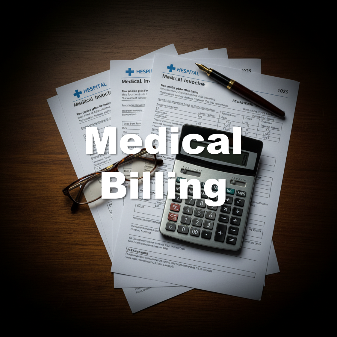 Medical billing documents on a wooden desk with a calculator, eyeglasses, a pen, and the words 'Medical Billing' overlayed on the image.