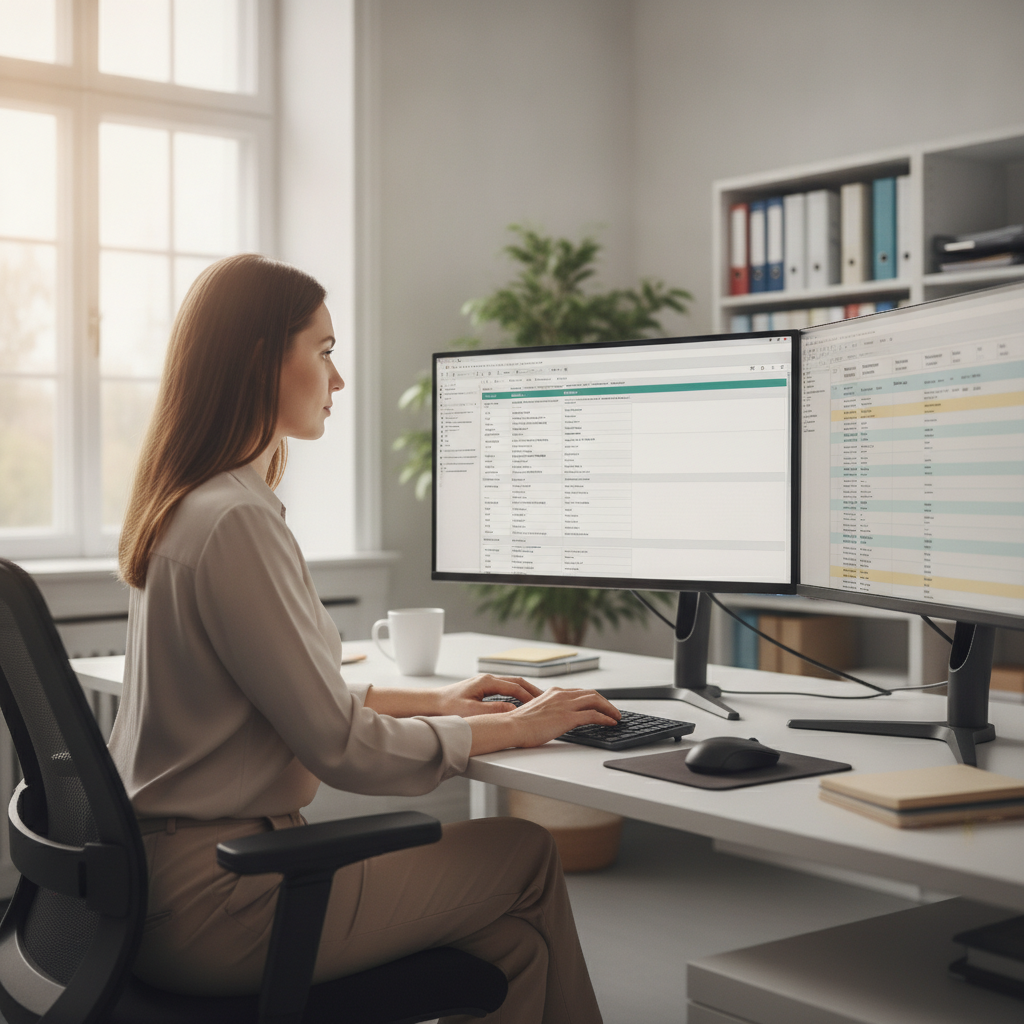 A woman working at a desk with dual computer monitors in a well-lit office with large windows and a plant in the background.