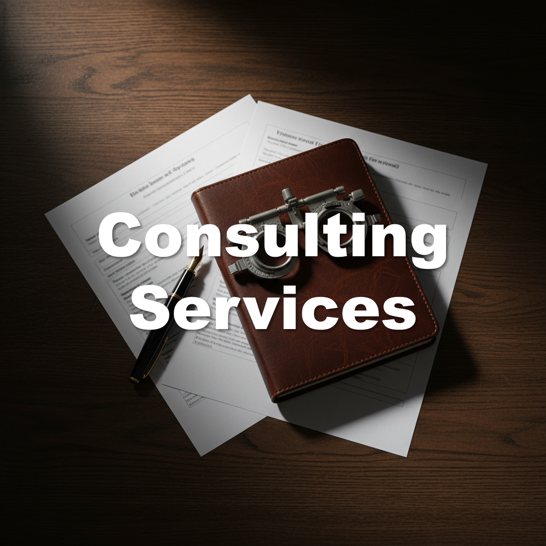 A desk with business documents, a pen, and a vintage camera on top, overlaid with the text 'Consulting Services.'