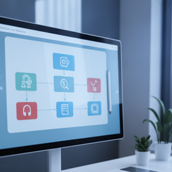 Computer monitor displaying a flowchart or diagram with icons for warehouse, search, dollar sign, headphones, phone, document, and settings, in an office setting.