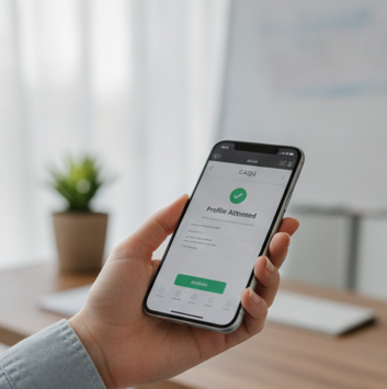 Person holding a smartphone displaying a 'Profile Autoed' confirmation on the screen, with a blurred office background and a small potted plant.