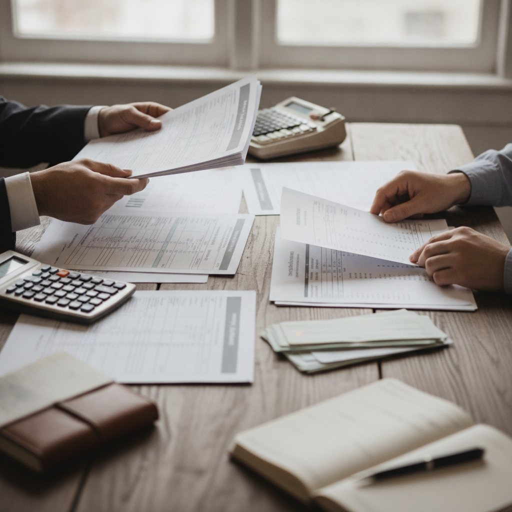 Two people in business attire reviewing financial documents on a wooden table, with calculators and notebooks nearby.