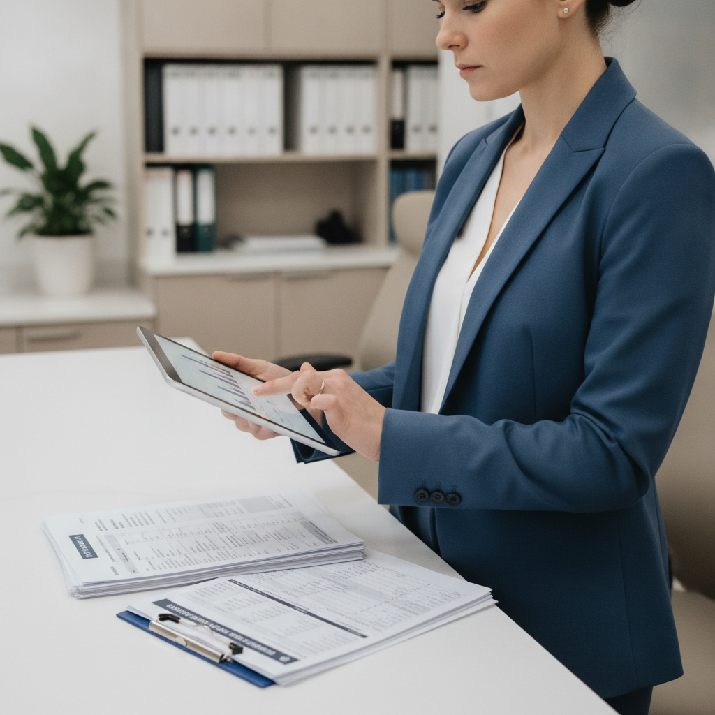 Businesswoman in a blue blazer using a tablet with financial documents on a white desk in an office.