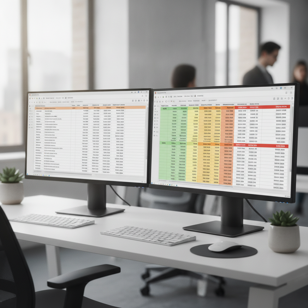 Dual computer monitors on a white desk showing spreadsheets with data and color coding in a modern office environment, with blurred people working in the background.