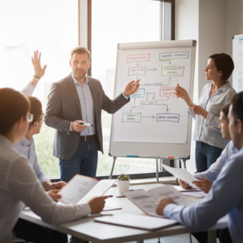 A business meeting with one man standing and presenting a flowchart on a whiteboard, while others are seated around a conference table taking notes.